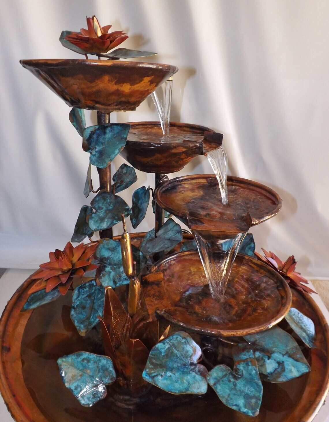 4 Tier Large Copper Waterfall Fountain w/ Cattails, Ivy Leaves, Water Lilies (available by order, please see details for shipping/inventory)