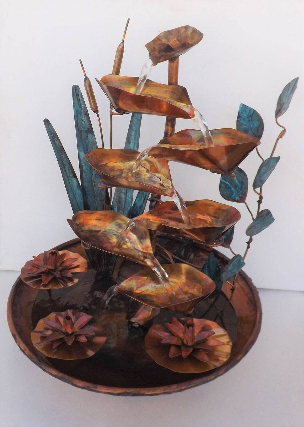 Copper Table Water Fountain with Cattails, Water Lilies, and Ivy Leaves (available by order and not in-stock, please see details for shipping/inventory)