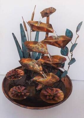 Copper Table Water Fountain with Cattails, Water Lilies, and Ivy Leaves (available by order, please see details for shipping/inventory)