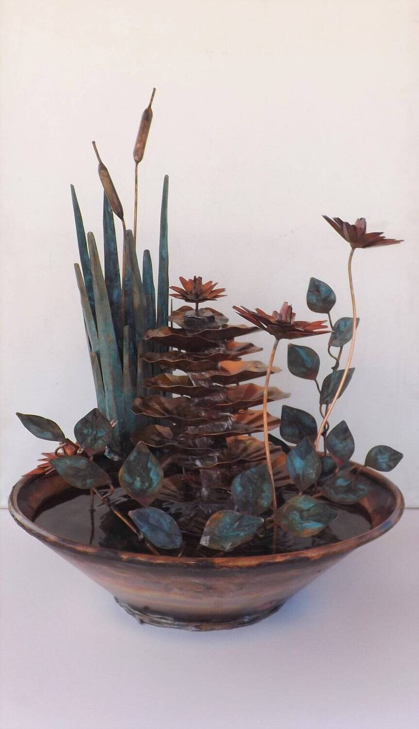 Copper Water Lily Pad Cascade w/ Cattails and Water Lilies (available by order and not in-stock, please see details for shipping/inventory)