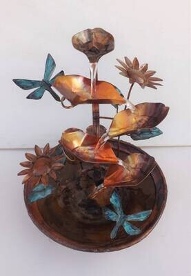 Copper Sunflowers and Dragonflies Duet Water Fountain, small table size (available/created by order, please see details for shipping/inventory)