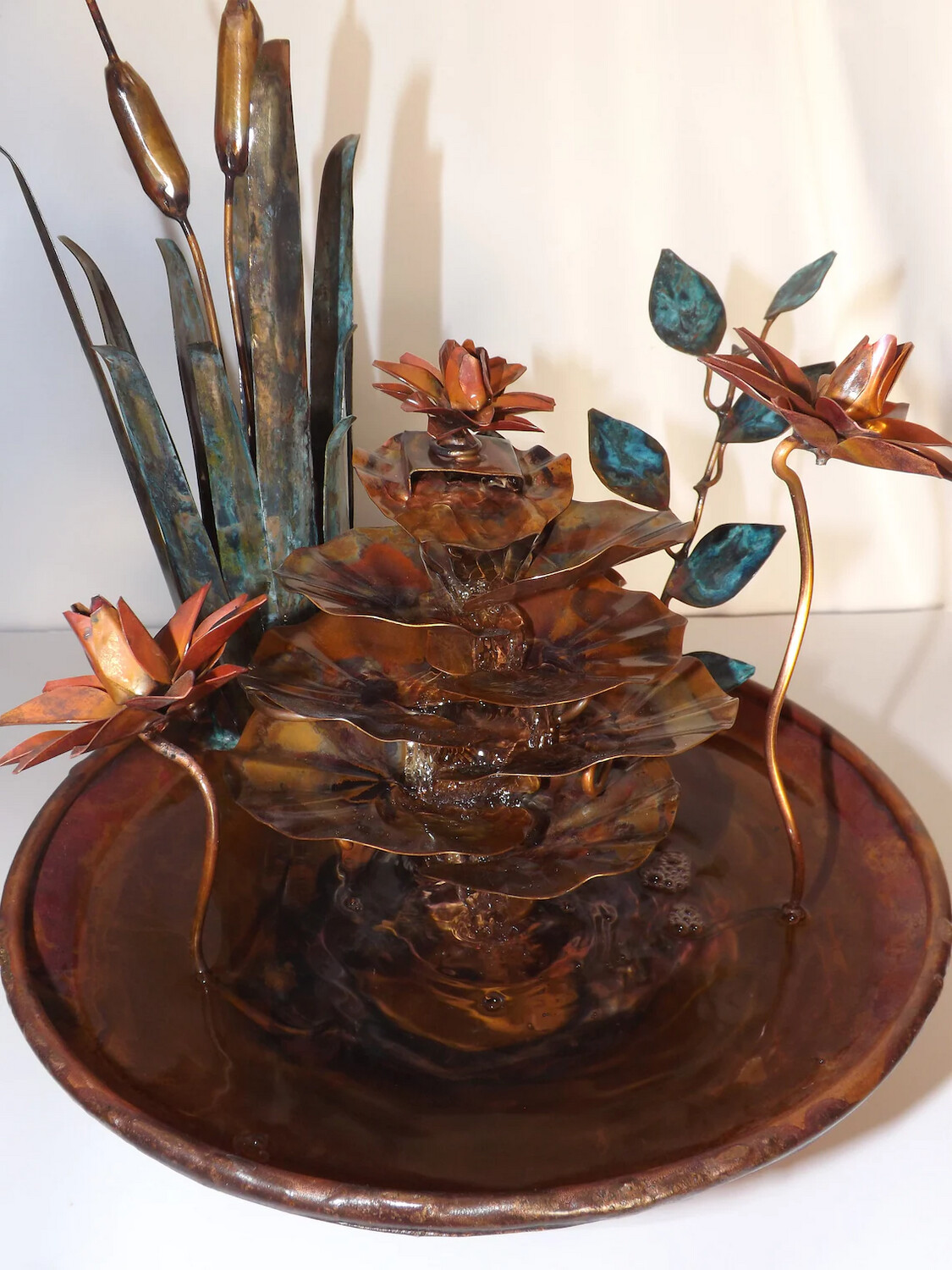 Water Lily Flowers, Cattails & Vine, Copper Water Table Fountain Lily Pad Cascade, small size (available by order and not in-stock, please see details for shipping/inventory)