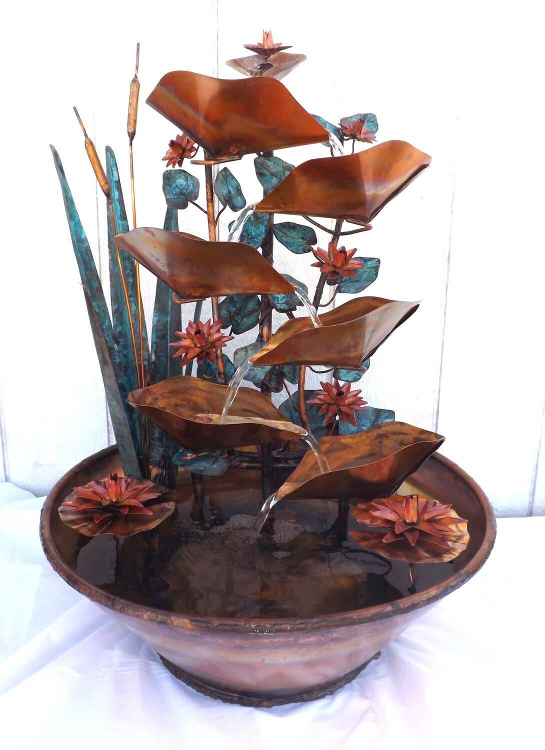 Copper Waterfall Fountain, Large Floor Standing Size, w/ Cattails, Water Lily Flowers, Lily Pads, and Ivy Leaves (available by order only, not in-stock)