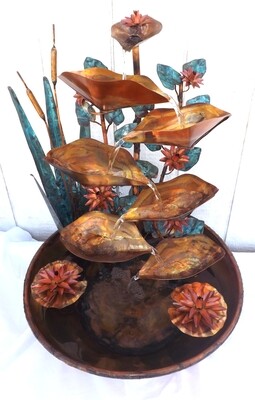 Copper Fountains, Large Floor Standing Waterfall Size, w/ Cattails, Water Lily Flowers, Lily Pads, and Ivy Leaves (created by order, please see details for shipping and inventory)