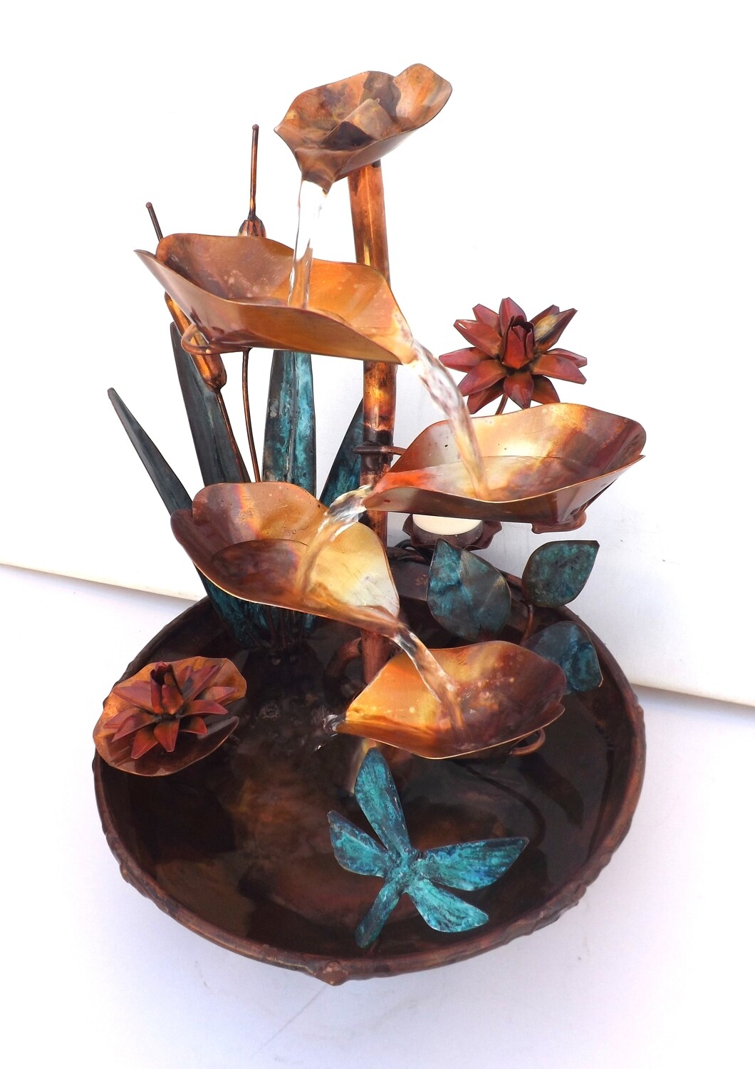 Copper Water Fountain w/ Dragonfly, Cattails, Water Lilies, Leaves (available by order, please see details for shipping/inventory)
