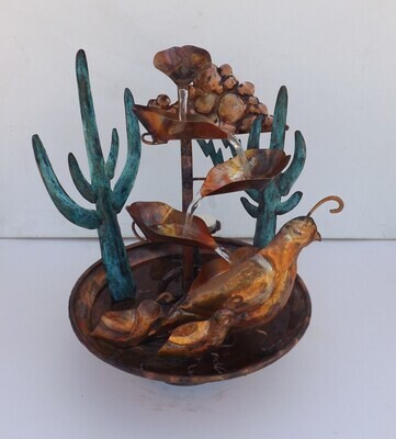 Copper Fountain with Quail Bird and Chicks, Saguaro Cacti and Monsoon Thunderstorm (available/created by order and not in-stock, please see details for shipping/inventory)