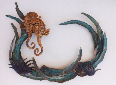 Copper Sea Horses, Sea Grass and Purple Anemone Wall Hanging Art Sculpture (created/available by order)