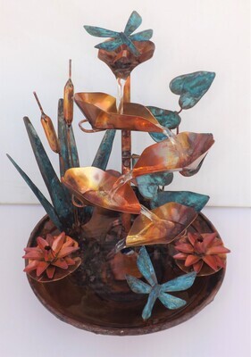 Copper Fountain, Cattails, Water Lily Flowers, Leaf Vine and Dragonflies, small size (available/created by order, please see details for shipping/inventory) Copper Fountain, Cattails, Water Lily Flowers, Leaf Vine and Dragonflies, small size (available/created by order, please see details for shipping/inventory)