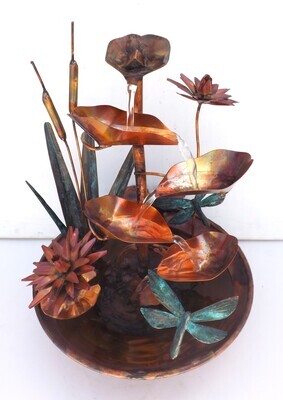 Copper Lotus Fountain, Water Lilies, Cattails, Dragonflies (available/created by order, please see details for shipping/inventory)
