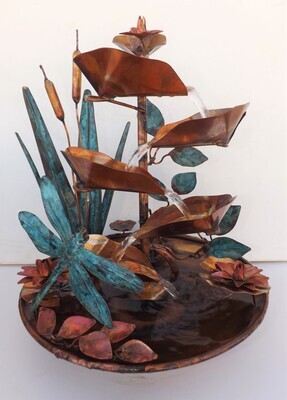Copper Water Tabletop Fountain, Giant Damselfly w/ Cattails, Vines, Water Lilies (available/created by order, please see details for shipping/inventory)