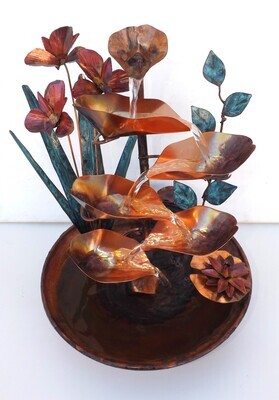 Copper Iris Flowers Fountain, with Leaf Vine and Water Lily, tabletop (created/available by order, please see details for shipping/inventory)