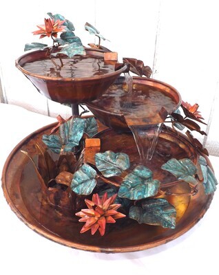 Copper Waterfall Fountain, 3 Tier Bowls, w/ Hand Hammered Ivy Vine Leaves & Water Lily Flowers lg. tabletop size fountain (created/available by order, please see details for shipping/inventory)