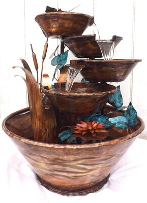 Copper Waterfall Fountains, 4 Bowl Tiers, w/ Leaves, Cattails, Water Lily Flowers (created by order, please see details for shipping and inventory)