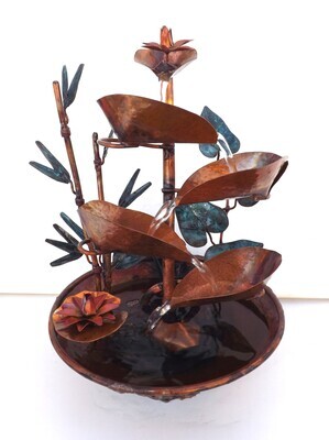 Copper Water Fountain, Bamboo, Water Lilies and Ivy Leaves with Hammered Texture, small tabletop size (Available/Created by order, please see item details for shipping/inventory)