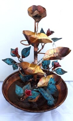 Copper Hummingbird Water Fountain with Red Trumpet Flowers, extra small size (Available/Created by order, please see item details for shipping/inventory)