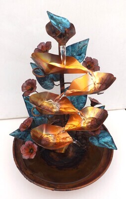 Copper Morning Glory Flowers Water Fountain, Medium Table Size (created/available by order, please see details for shipping/inventory)