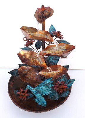 Copper Hummingbird and Flowers, medium table size water fountain (available/created by order, please see details for shipping/inventory)