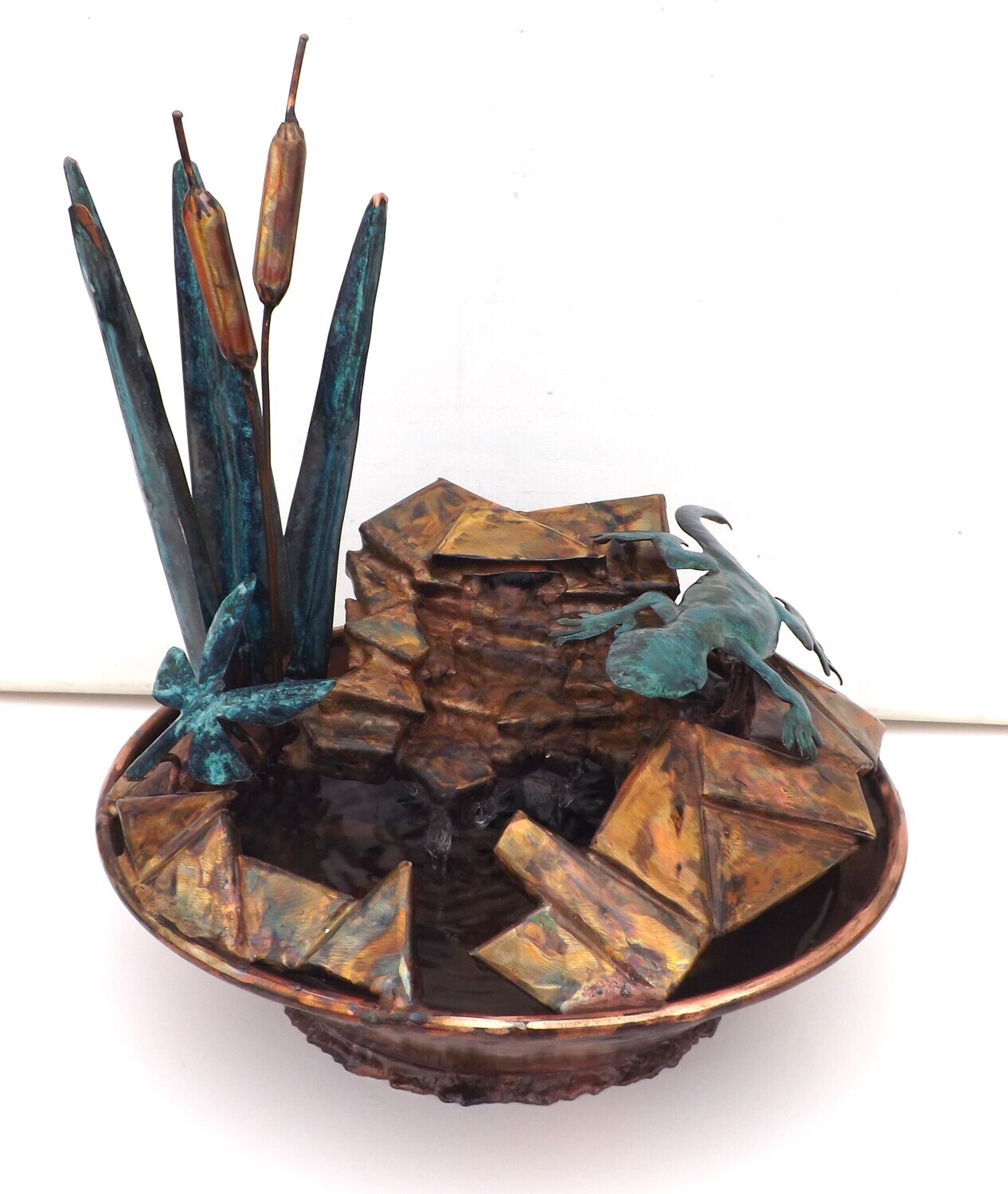 Gecko, Dragonfly and Cattails, Copper Rock Water Fountain, small table size (available/created by order, please see details for shipping/inventory)