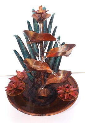 Copper Pandan Plant Water Fountain and Water Lily Flowers, Copper Water Table Fountain, small size (available/created by order, please see details for shipping/inventory)