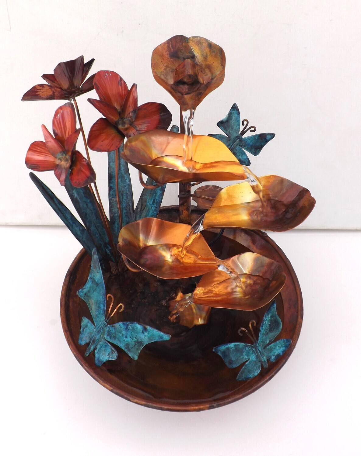Butterflies and Iris Flowers, Copper Water Table Fountain, small size (available/created by order, please see details for shipping/inventory)