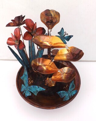 Copper Water Fountain, Butterflies and Iris Flowers, Tabletop (available/created by order, please see details for shipping/inventory)