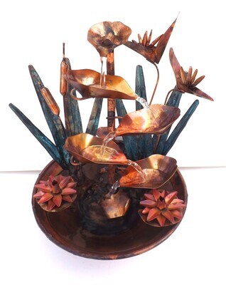 Copper Water Tabletop Fountain, Bird of Paradise Flowers, Water Lilies, small size (available/created by order, please see details for shipping/inventory)