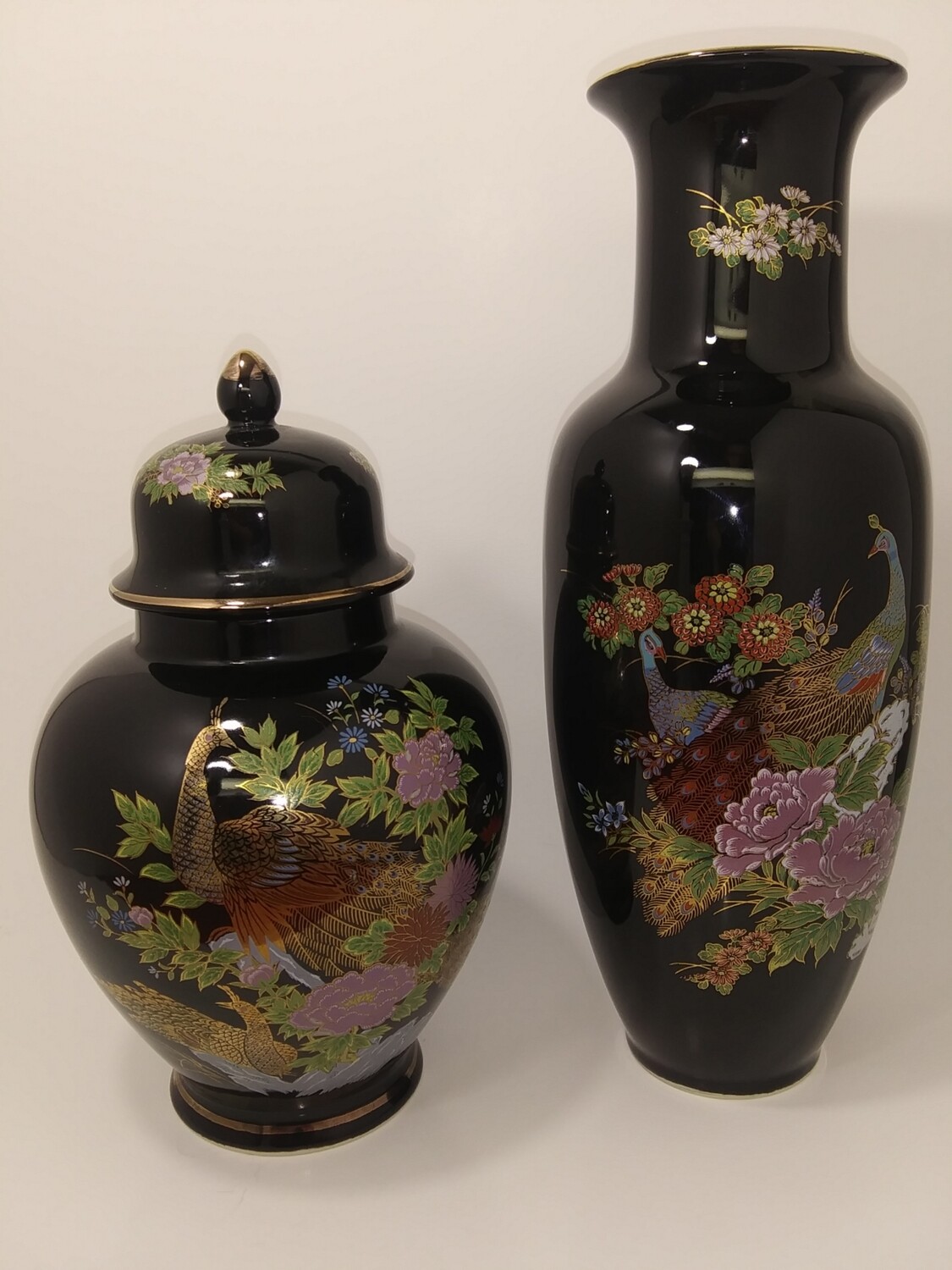 Vintage Interpur Oriental Peacock Black Vase and Jar Set
