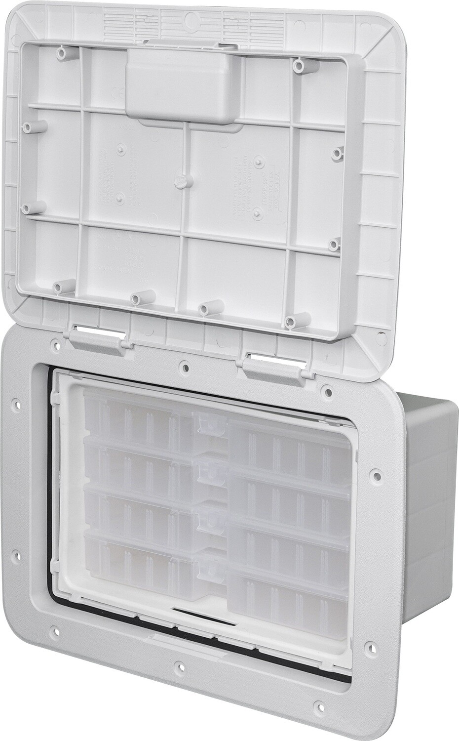 hatch tackle box T-H Marine Center Trays - 7 x 14 in Boat Tackle Storage with 2 3600 Trays - Polar White Vacuum Formed Divided Poly Stows your valuable tackle neatly and safely rugged vacuum formed containers permanently mounted onto the frame of Sure Tackle Storage Hatch - Small