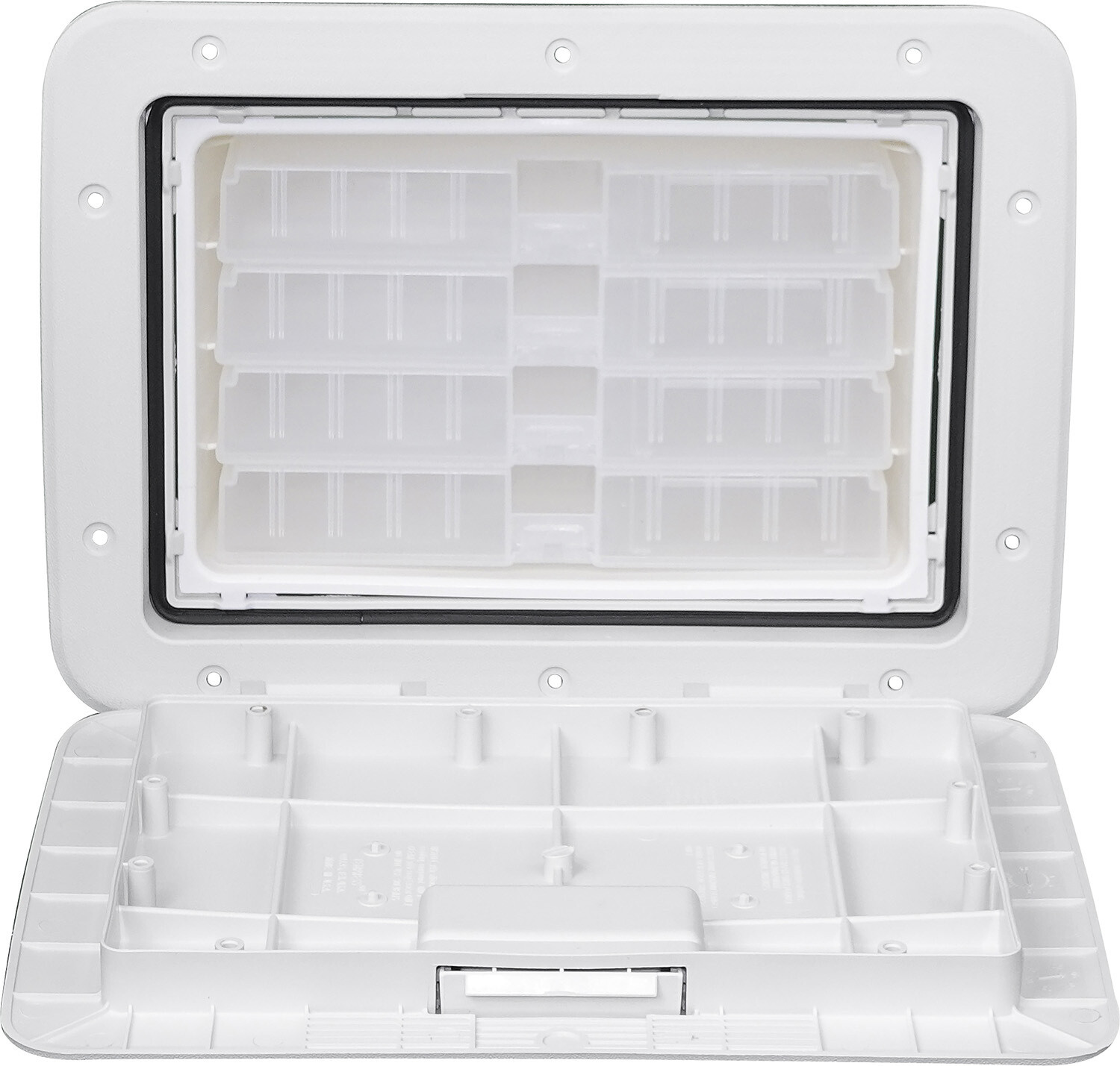 flush mounted tackle box Hatch Tray Storage out tackle box stores (4) 3700 Plano trays for quick access and organized gear 11 x 15 Boat Tackle