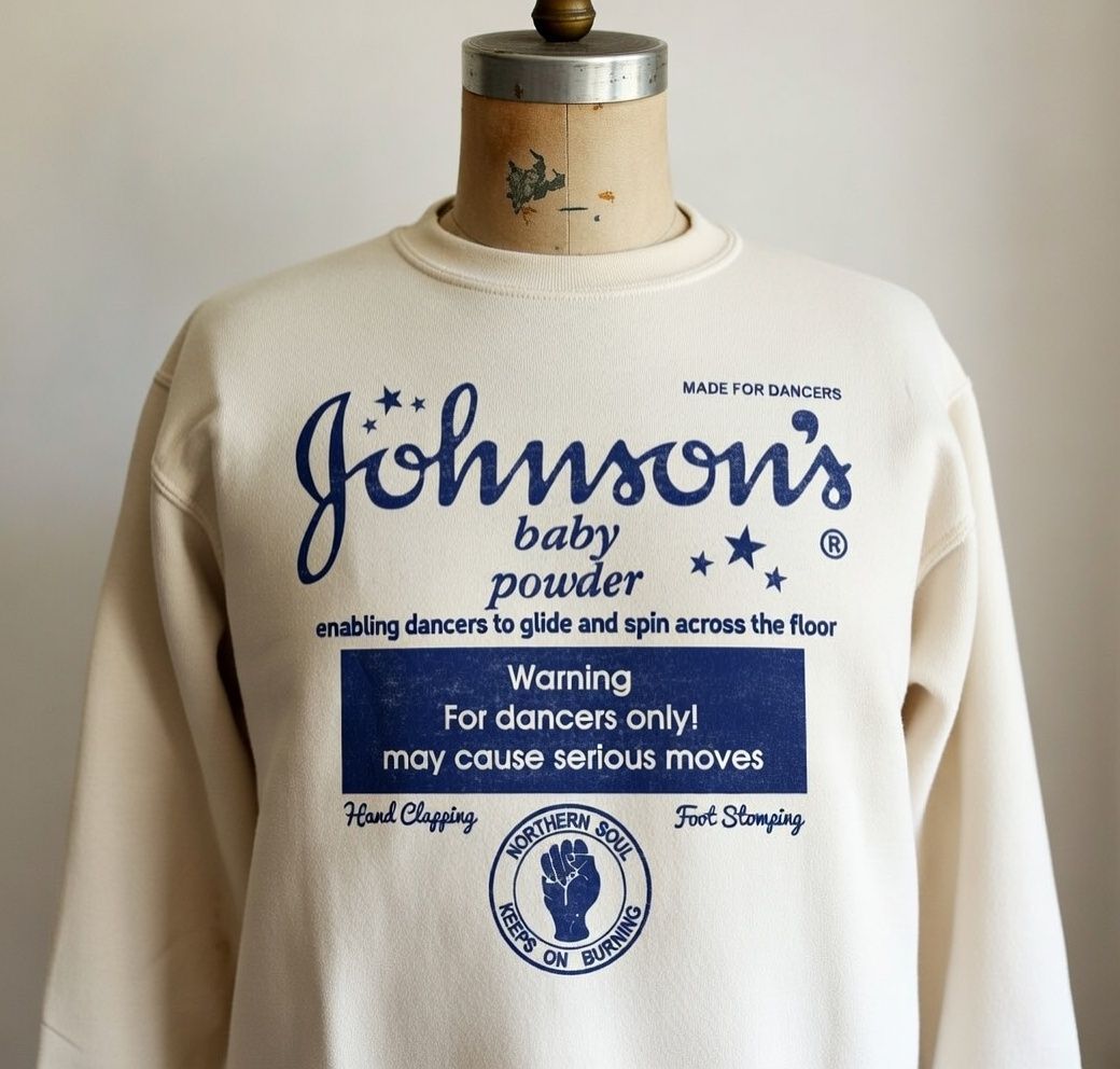 NORTHERN SOUL JOHNSONS TALC POWDER ORGANIC COTTON SWEATSHIRT