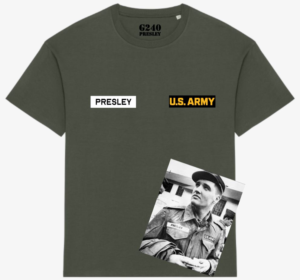 AS WORN BY ELVIS PRESLEY US ARMY ISSUE G240 PRESLEY ORGANIC COTTON T SHIRT AS WORN BY ELVIS PRESLEY US ARMY ISSUE G240 PRESLEY ORGANIC COTTON T SHIRT