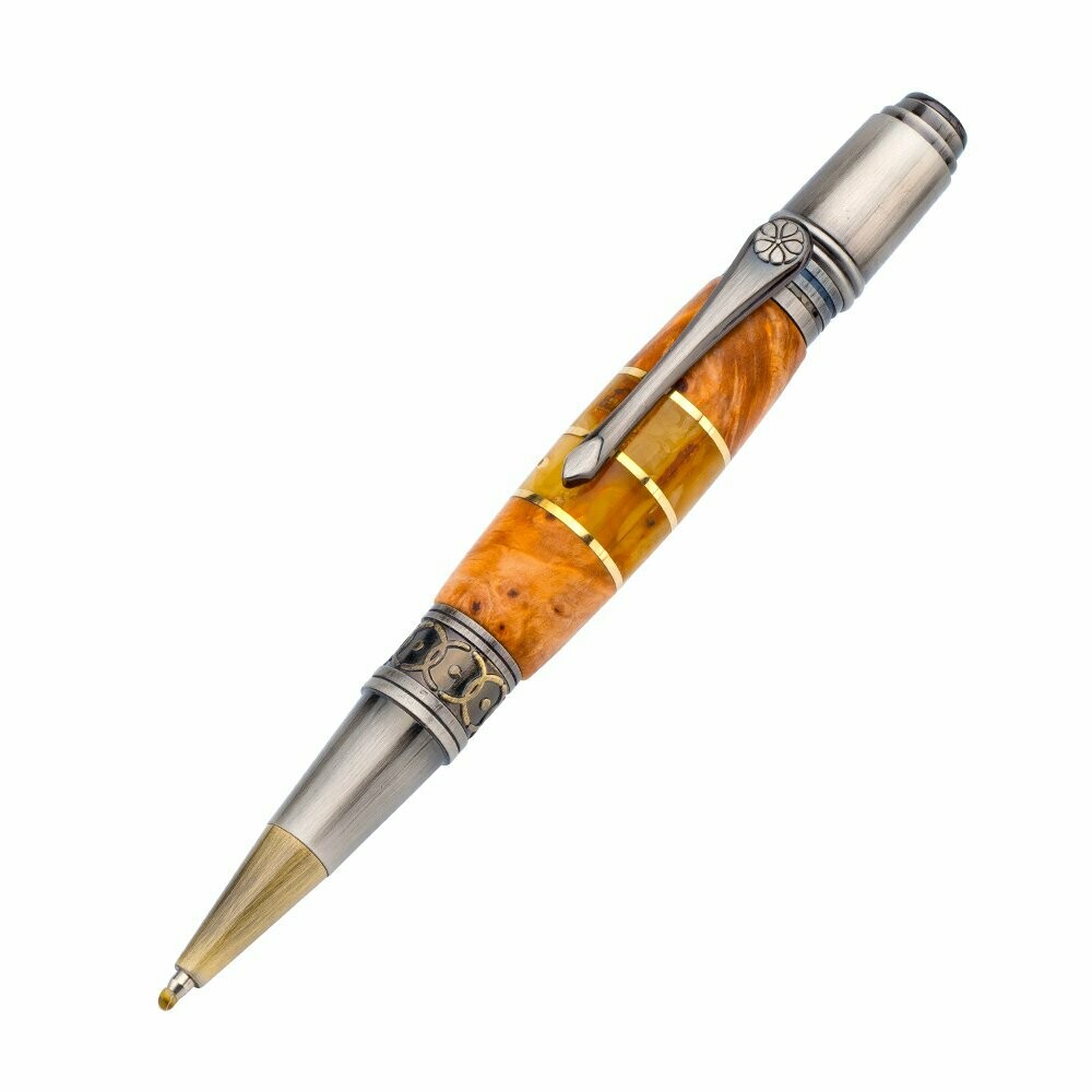 Ручка из нейзильбера с карельской березой и натуральным янтарем "Арт-Деко"