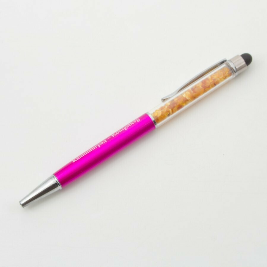 Шариковая ручка-стилус с натуральным янтарем розового цвета