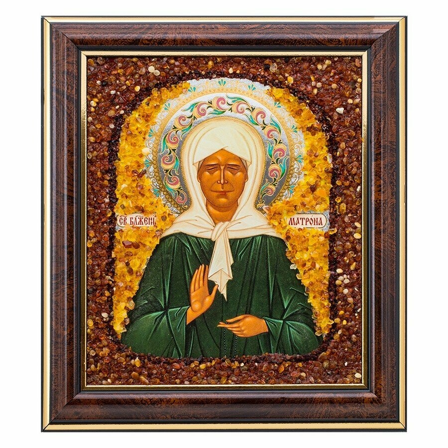 Икона малая Святой Блаженной Старицы Матроны в окладе из янтаря