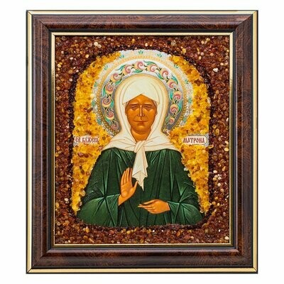 Икона малая Святой Блаженной Старицы Матроны в окладе из янтаря