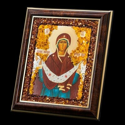 Малая икона из янтаря "Образ Покрова Пресвятой Богородицы" поясная