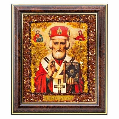 Православная малая икона из янтаря Пресвятого Николая Чудотворца с клемами