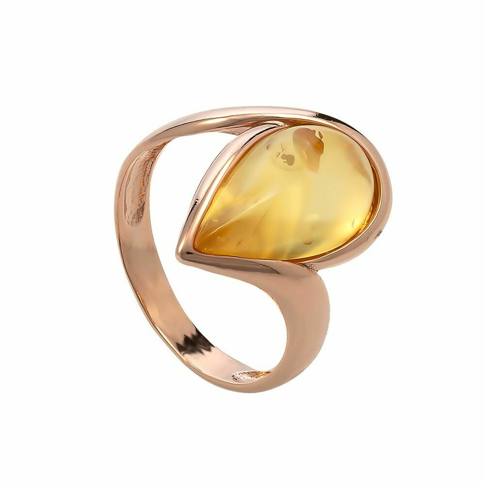 Стильное кольцо с натуральным лимонным янтарем в позолоте "Лаура"