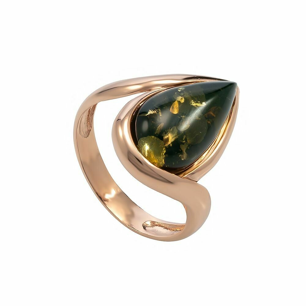 Элегантное кольцо с натуральным зеленым янтарем в позолоте "Лаура"