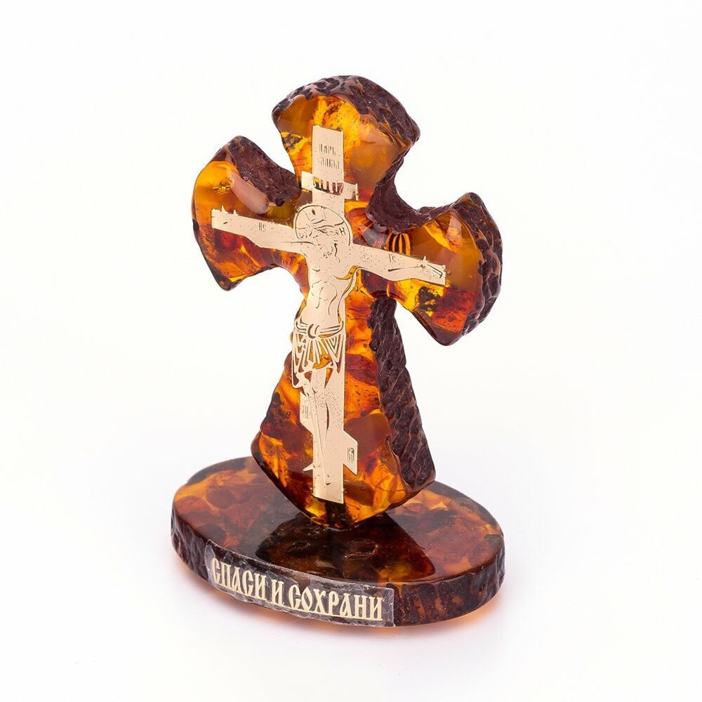 Крест с позолоченным распятием из янтаря "Спаси и Сохрани" на самоклеющейся основе
