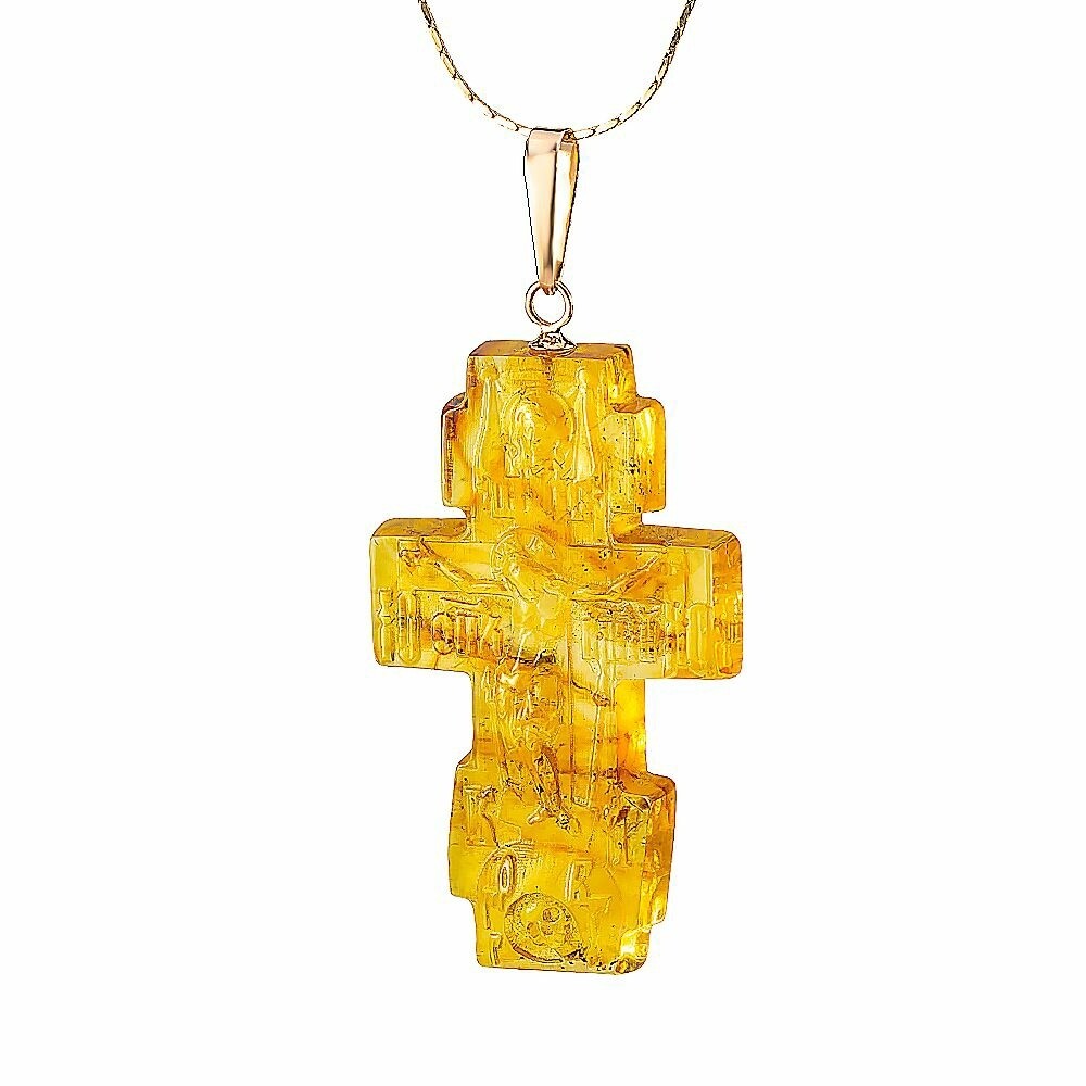 Крупный золотой крест - распятие из натурального янтаря "Спаси и Сохрани"