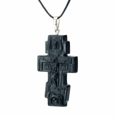 Православный резной крест из черного матового янтаря "Спаси и Сохрани"
