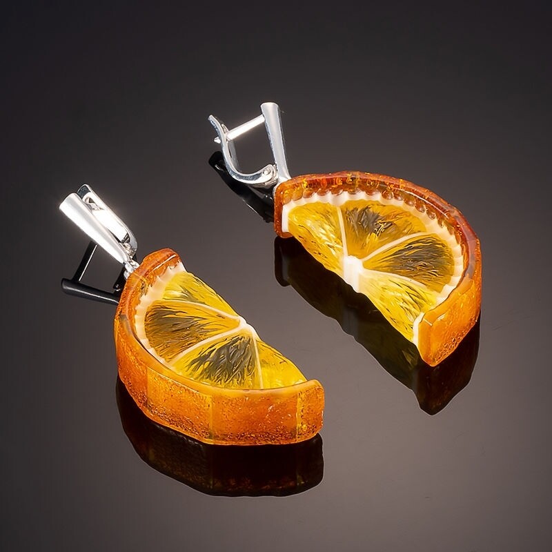 Роскошные серебряные серьги с натуральным янтарем "Апельсиновые дольки"