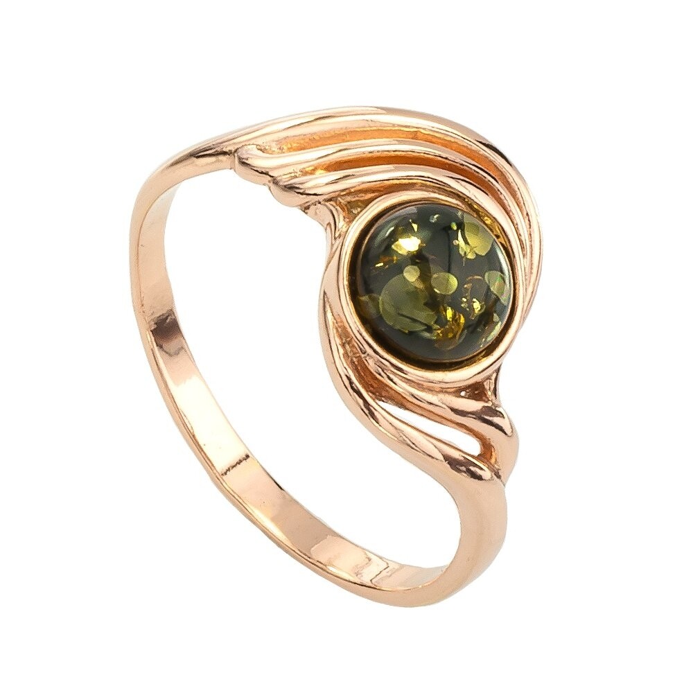 Женственное позолоченное кольцо с зеленым янтарем "Крылья ангела"