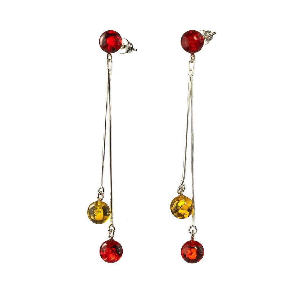 Серебряные серьги-цепочки с красным и лимонным янтарем
