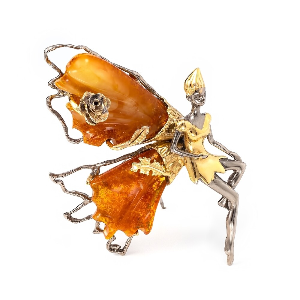 Крупная серебряная брошь с натуральным янтарем ручной работы "Лесная фея"