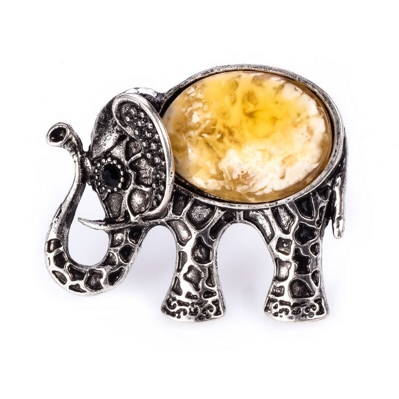 Металлическая брошь с натуральным королевским янтарем "Слон"