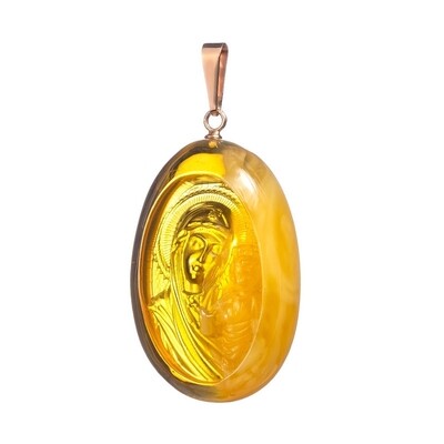 Резной кулон из натурального полупрозрачного янтаря в золоте "Божья Матерь с младенцем"