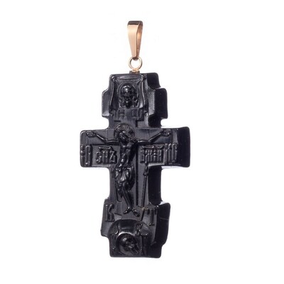 Резной православный крест из черного янтаря в золоте "Спаси и сохрани"