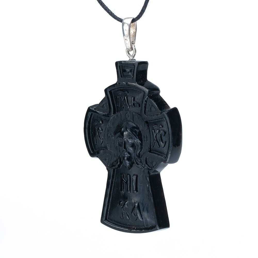 Резной крест из черного матового янтаря "Вседержитель"